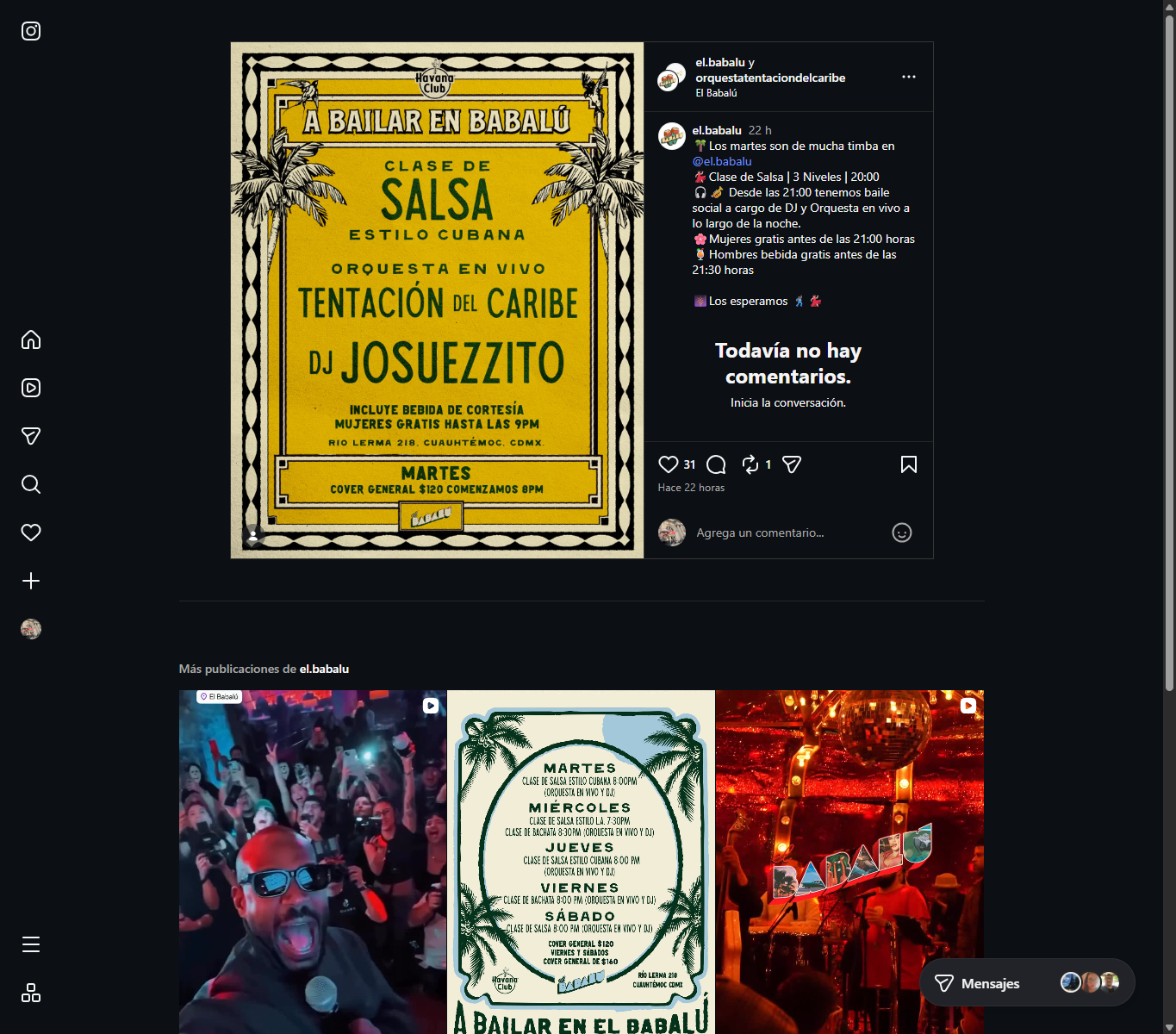 Flier de El Babalú · Martes salsa cubana